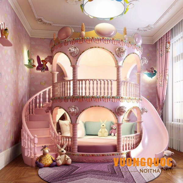 Mẫu giường tầng cho bé gái màu hồng xinh xắn 