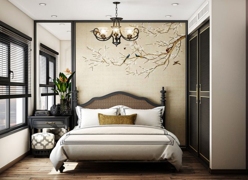 Bức tranh to làm điểm nhấn cho phòng ngủ phong cách Indochine